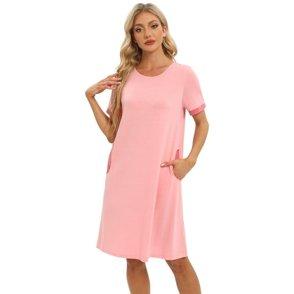 Baywell Women's Short Sleeve Nightgown Sleepwear with Pockets Short Sleeve Sleepshirts House Dress Crewneck Sleep Shirt Loose Comfy Pajama Sleepwear Color Block Loungewear S-XXL