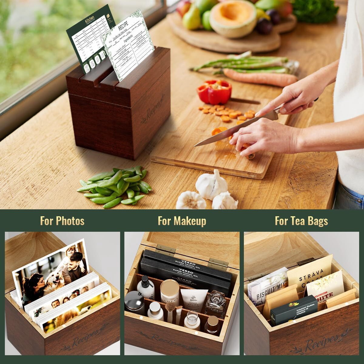 Recipe Box Set with 100 Recipe Cards 4x6 with Protectors,24 Dividers Tabs, Recipe Card Holder, Wood Box Organizer Set to Write in Your Recipes
