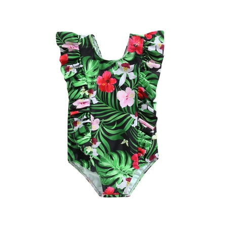 

Peyakidsaa Toddler Baby Girls Summer Bikini Jumpsuit Dinosaur/Flamingo/Leaf Print Ruffled Sleeveless Swimsuit