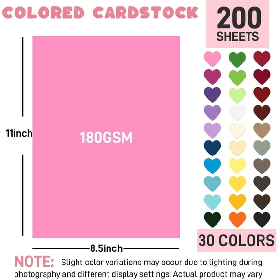 SHILIU-200 Sheets 8.5" X 11" Construction Paper, Colored Cardstock 30 Assorted Colors Printer Paper for DIY Crafts, Printing, Kids School Supplies, Christmas Card Making, 180 GSM