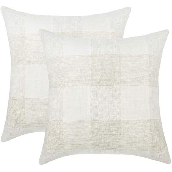 Set of 2 Farmhouse Buffalo Check Plaid Throw Pillow Covers Cushion Case Cotton Linen for Fall Home Decor Black and White, 18 x 18 Inches