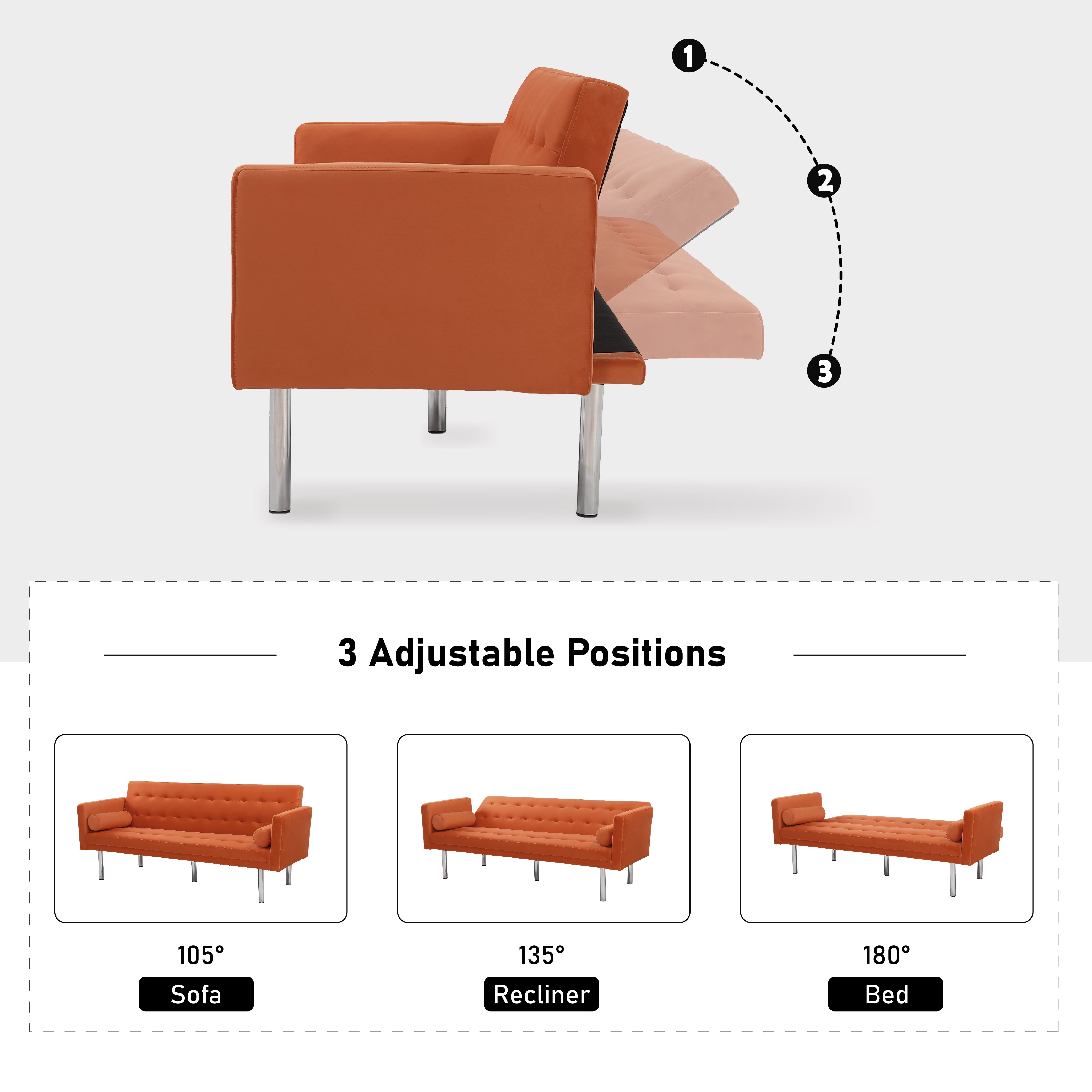 DEALTOPS Velvet Futon Sofa Bed Upholstered Convertible Sofa Couch, Recliner Modern Tufted Back Couch Lounge for&nbsp;Living Room - Orange