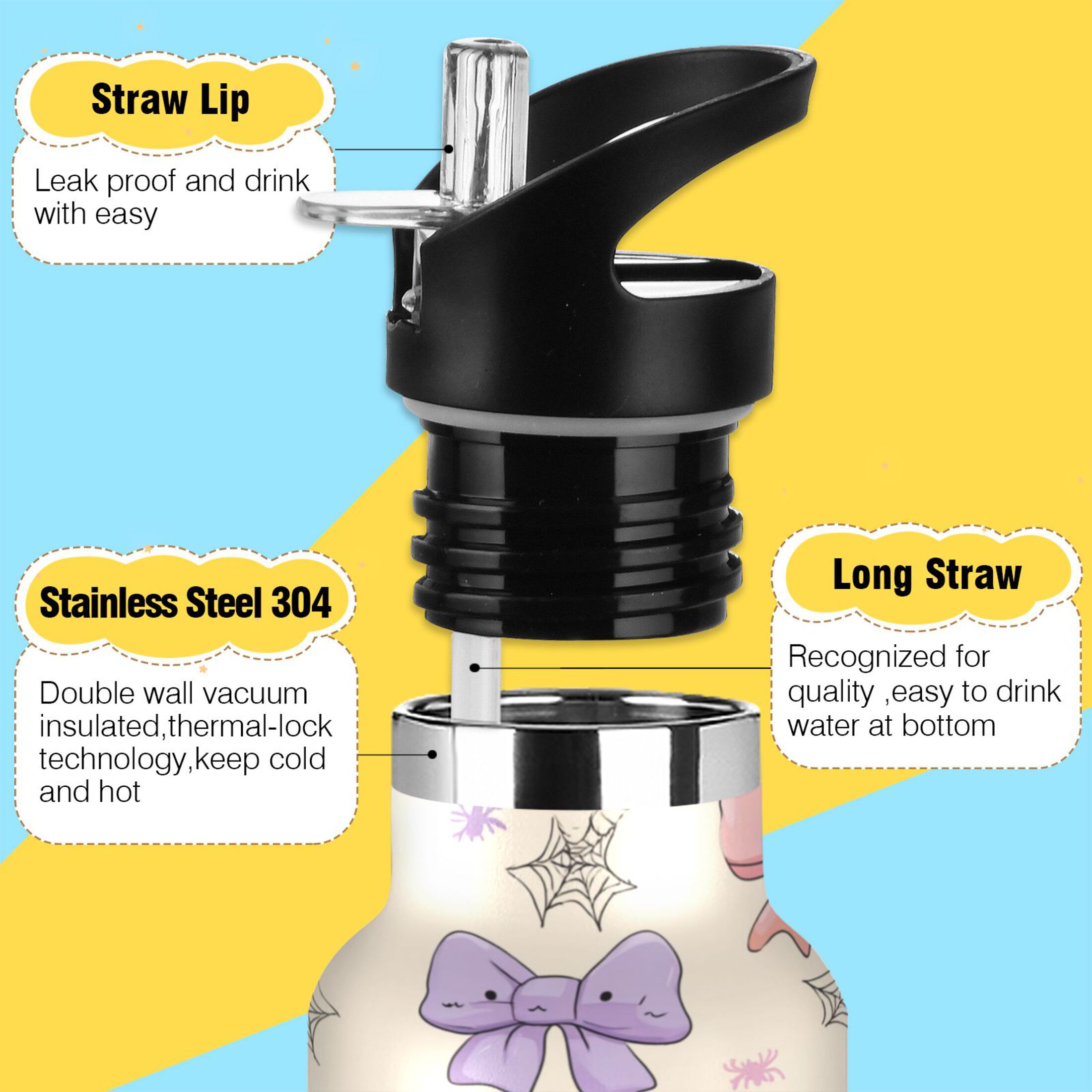 Kids Insulated Stainless Steel Sports Water Bottle 600ml (20oz) Colorful Bow Pattern