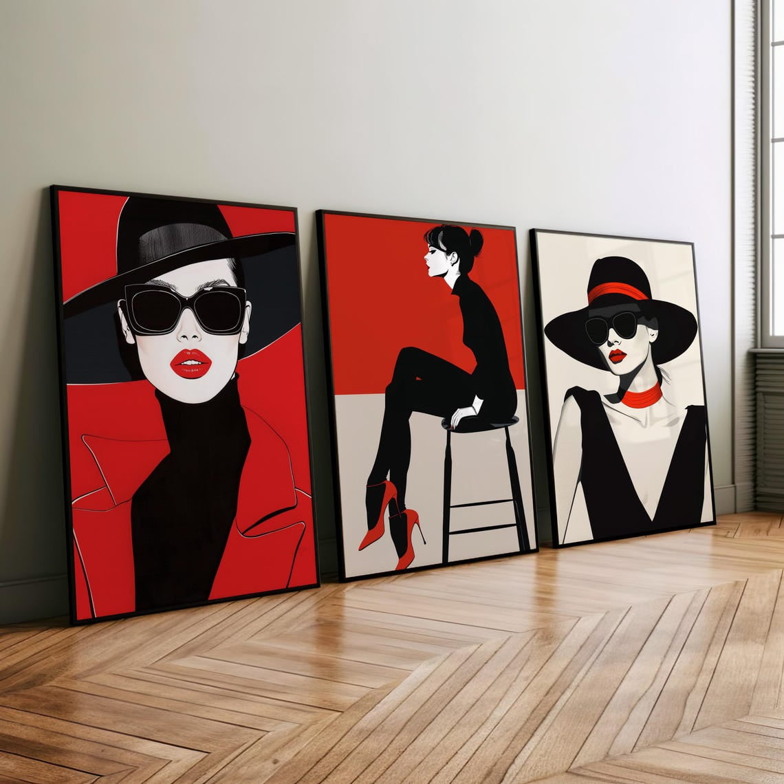 Set Of 3 Urban Chic Fashion Woman Illustrations Wall Art Prints Black Minimalist Red Modern Living Room And Office Decor