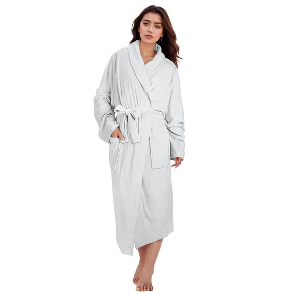 Catalonia Fleece Robe For Women with Side Pockets ,Lightweight Plush Warm Bathrobe, Fluffy Fuzzy Waffle Long Robes,Shower Spa Homewear , M , Gray