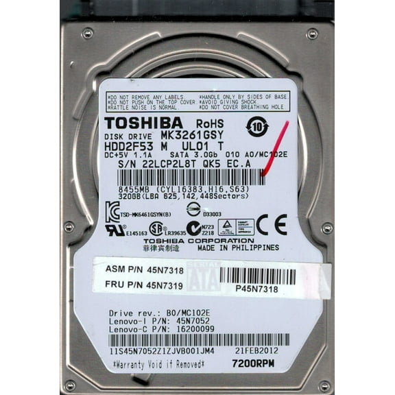 MK3261GSY HDD2F53 M UL01 T F/W: A0/MC102E Toshiba 320GB