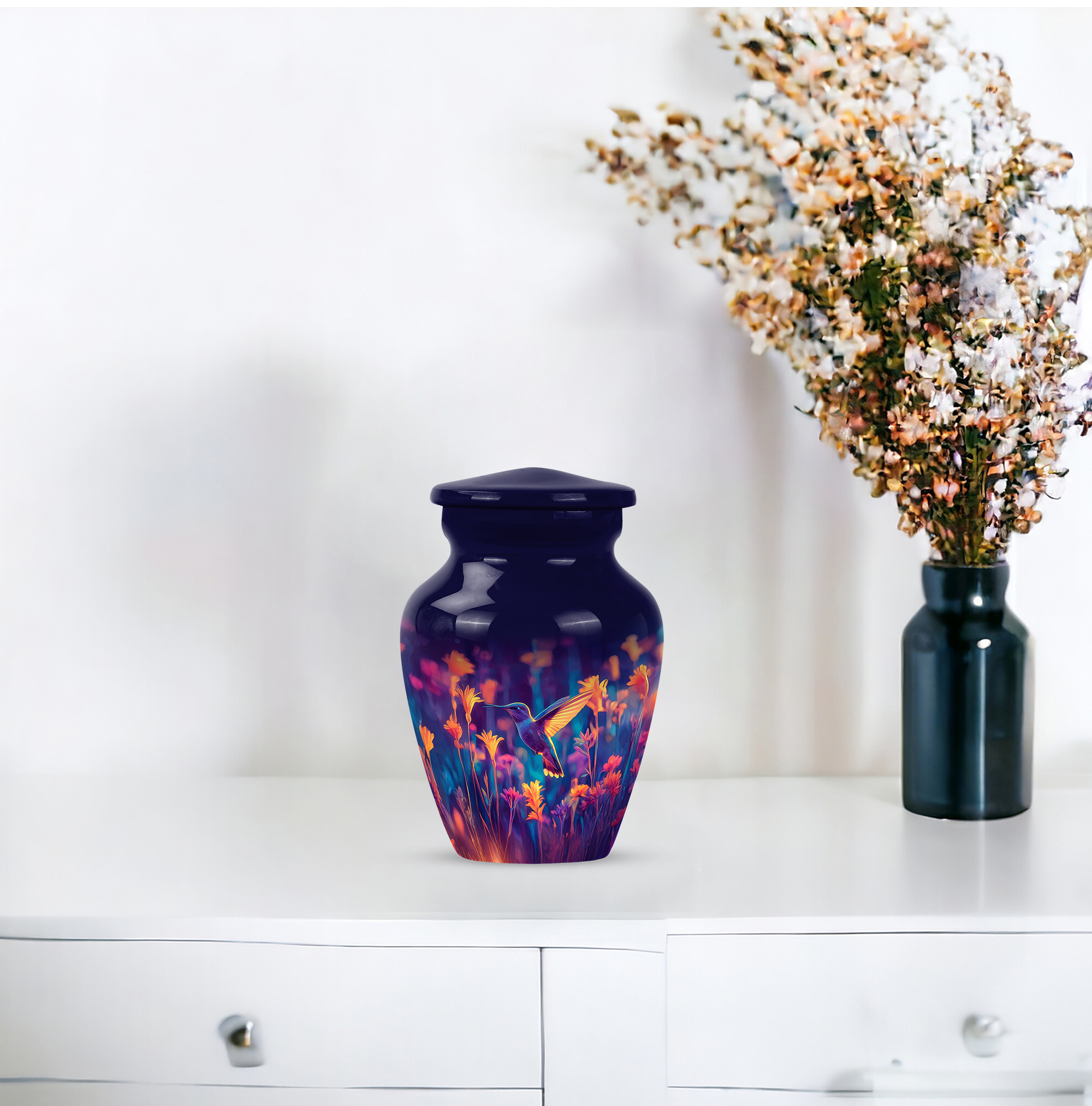 MUKTIVE Hummingbird Urns for Human Ashes for Men & Women 3 Inch - Yellow Flowers keepsake Urn for Ashes Adult Male - Cremation Urns for Burial, Funeral & Memorial - Dark Blue Samll Urn for Dad & Mom