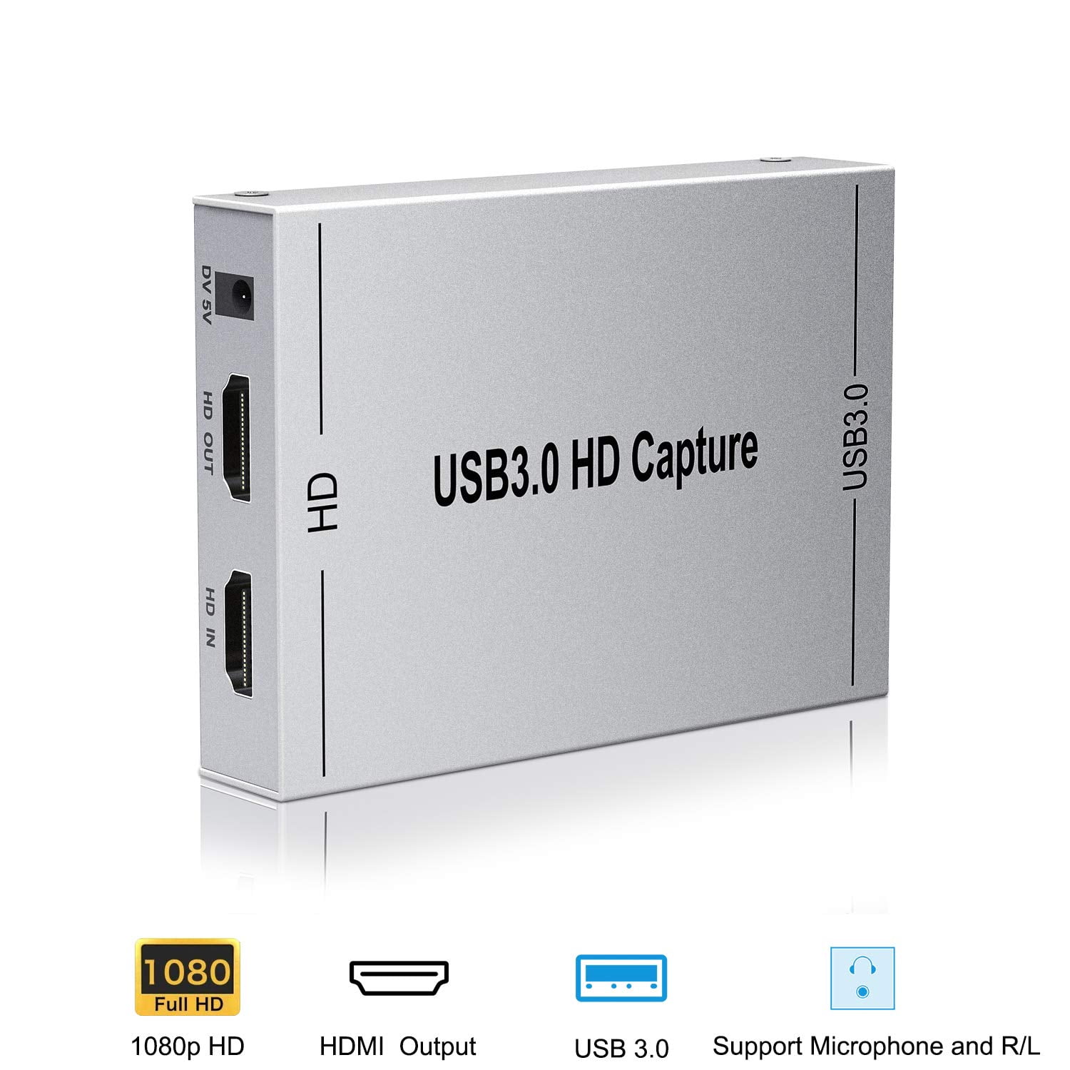 Kdely Carte de Capture Vidéo HDMI USB 3.0 avec Microphone HD Portatile Plug and Play Game Video Capture Card Boîtier Denregistrement en Direct pour Windows/Mac OS X/Android/Linux 
