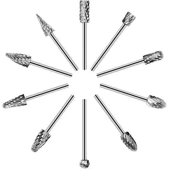 10pcs Carbide Burrs Fit for Dremel, 1/8" Shank Double Cut Tungsten Carbide Rotary Bits for Carving Engraving Polishing