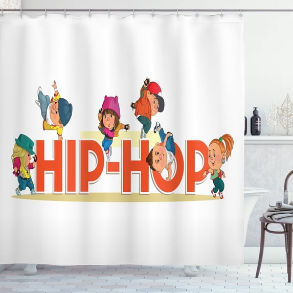 Hip Hop Shower Curtain, Word Hip Hop with Colorful Dancers Doing Moonwalk Floor Rocking and Windmill Moves, Fabric Bathroom Set with Hooks, 69W X 70L Inches, Multicolor, by Ambesonne