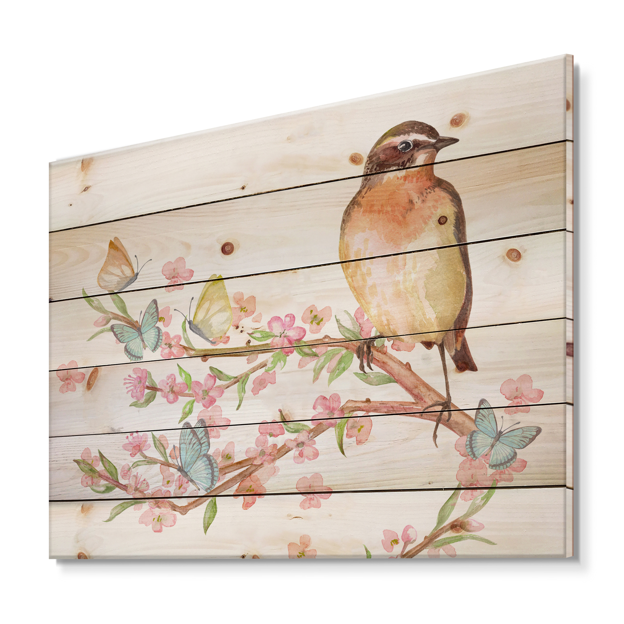 Designart 'Lovely Bird Sitting On Branch of Sakura With Butterflies' Traditional Print on Natural Pine Wood