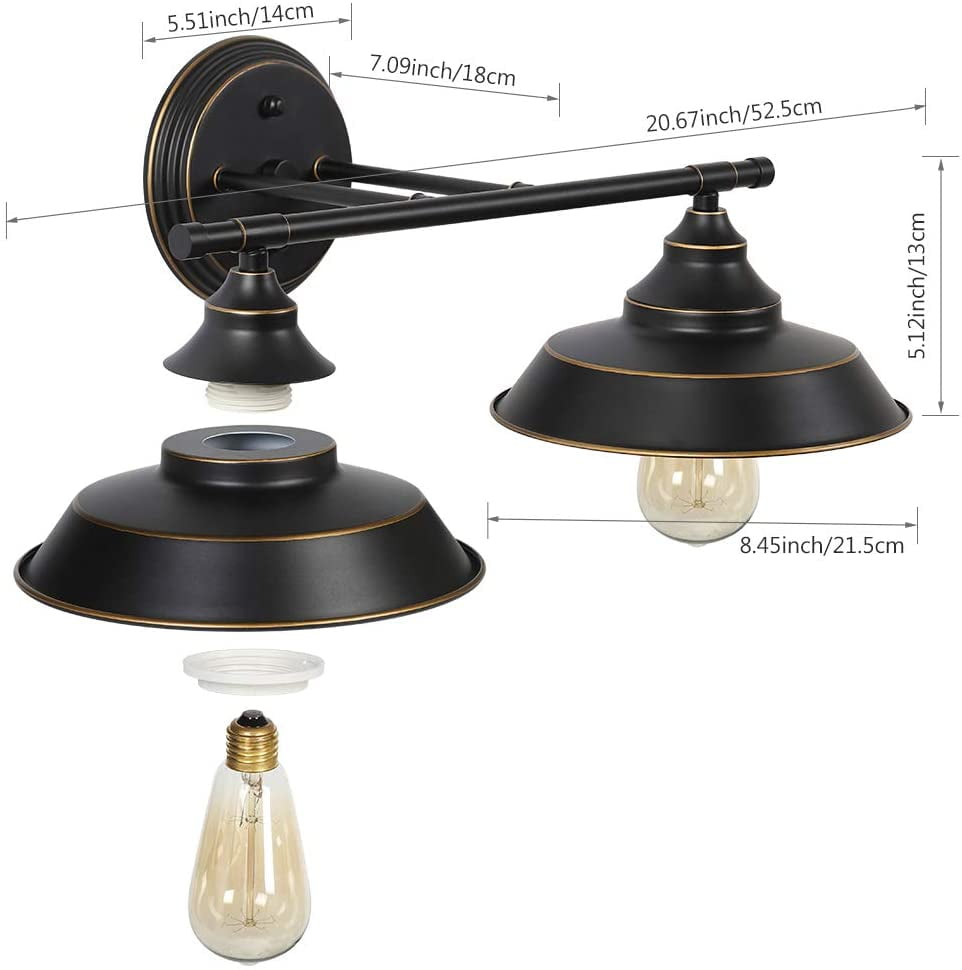 Bathroom Vanity Light, 2 Light Wall Sconce Fixture with Black Lampshades, Vintage Edison Wall Lamp Lighting for Bathroom Bedroom Farmhouse Living Room Mirror Cabinets Dressing Table