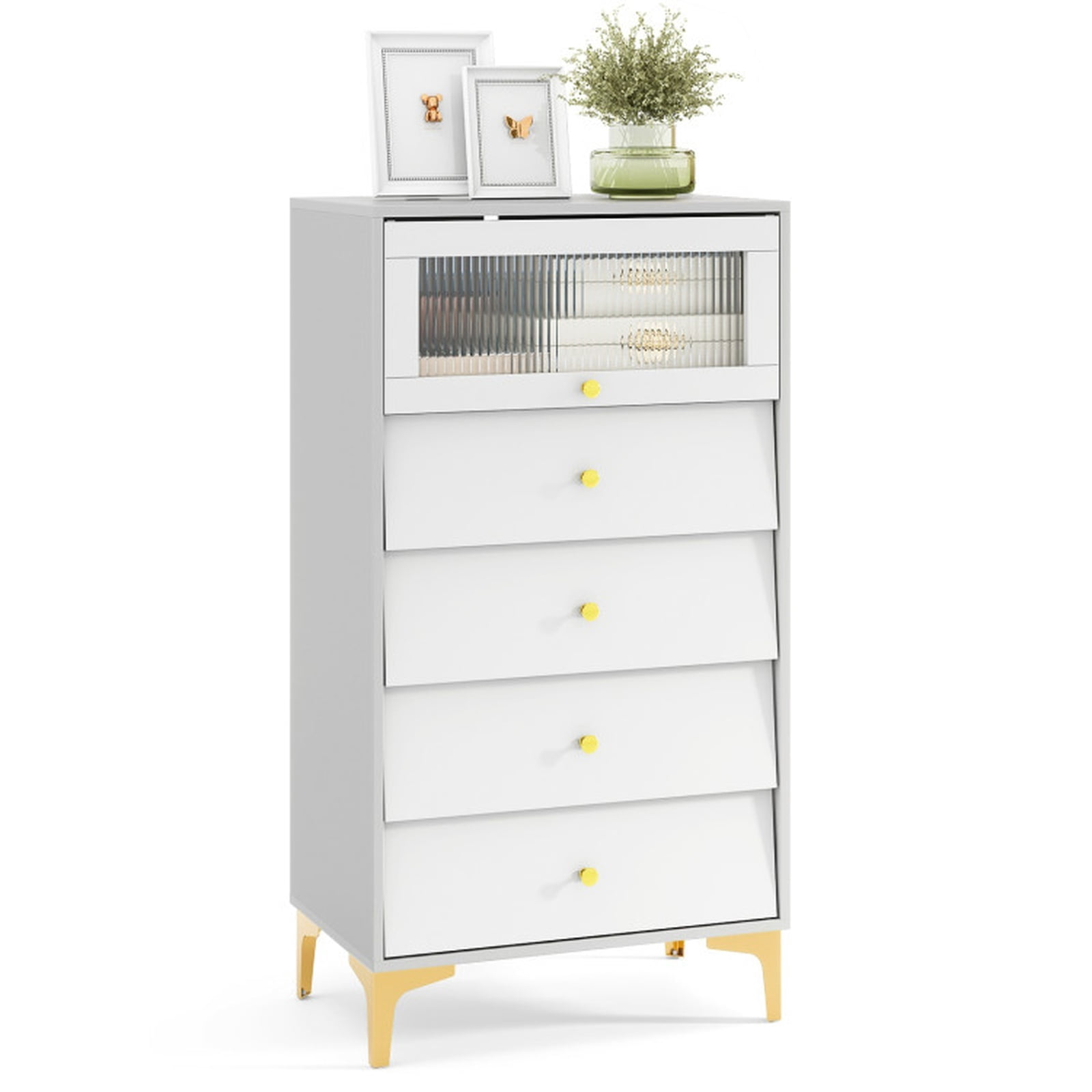 Furnibear 4 Drawer Accent Storage Cabinet with Flip Up Fluted Glass Door and Modern Drawers for Bedroom Living Room and Entryway, Gray