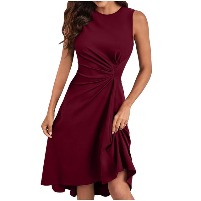 Abcnature Robe Midi Sans Manches d'Été pour Femmes Col Rond Ligne A Élégante Décontractée Chic Couleur Unie Texture Plissée avec Tissu Confortable Respirant