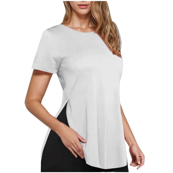JSKUMAR Women's Summer T-Shirts Casual Short Sleeve Crew Neck Tops Loose Fit High Low Hem Tees with Side Split White,S