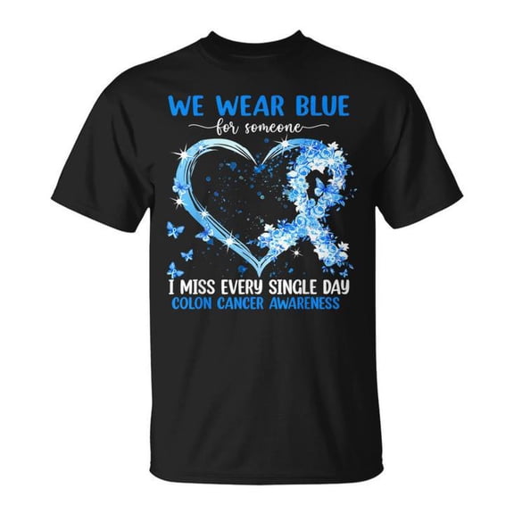We Wear Blue for Someone Colon Cancer Awareness Heart Graphic Tee Unisex Adult Cotton Shirt for Support Events, Casual Outfit, Advocacy Gift Idea, Size S, Color Black