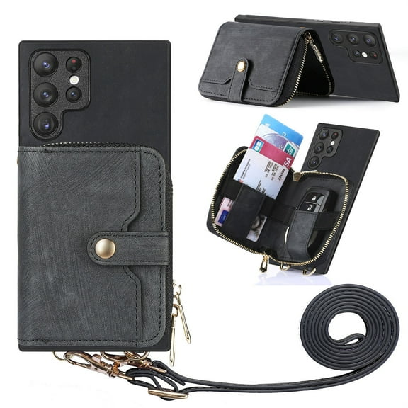 for Samsung Galaxy S23 Ultra Wallet Case, Crossbody Phone Purse with Card Holder for Women, Zipper PU Leather Carrying Cover Gift with Shoulder Strap Kickstand Anti-drop for S23 Ultra - Black