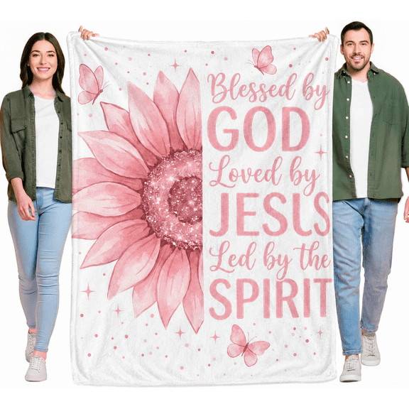 Fall Jesus Blanket, Blessed by God Loved by Jesus Christian Sunflower Flannel Throw Blanket, Soft Faith-Inspired Blanket for Couch, Bed and Religious Gifts, 30 x 40 to 60 x 80 Inches
