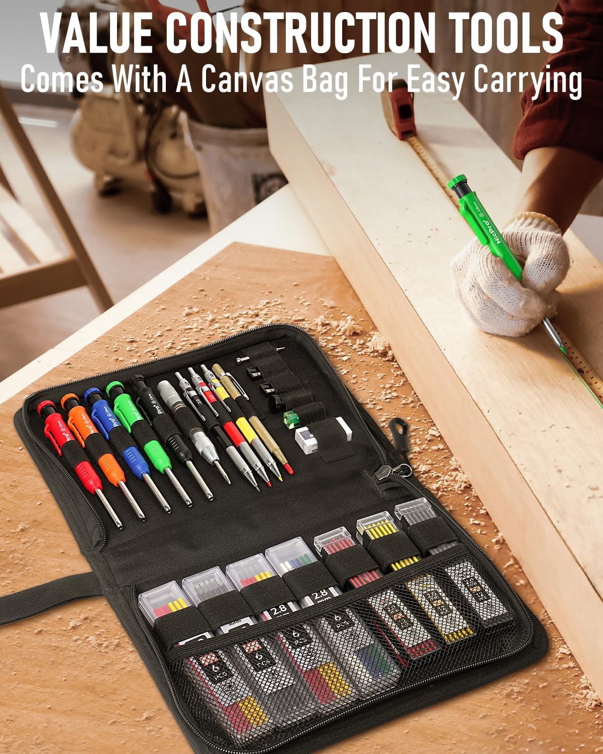 Nicpro 31 Pack Carpenter Pencil Set, Mechanical Pencils with 128 Pcs Refills and Carbide Scribe Tool, Heavy Duty Construction Pencils for Architect Woodworking - with Canvas Case