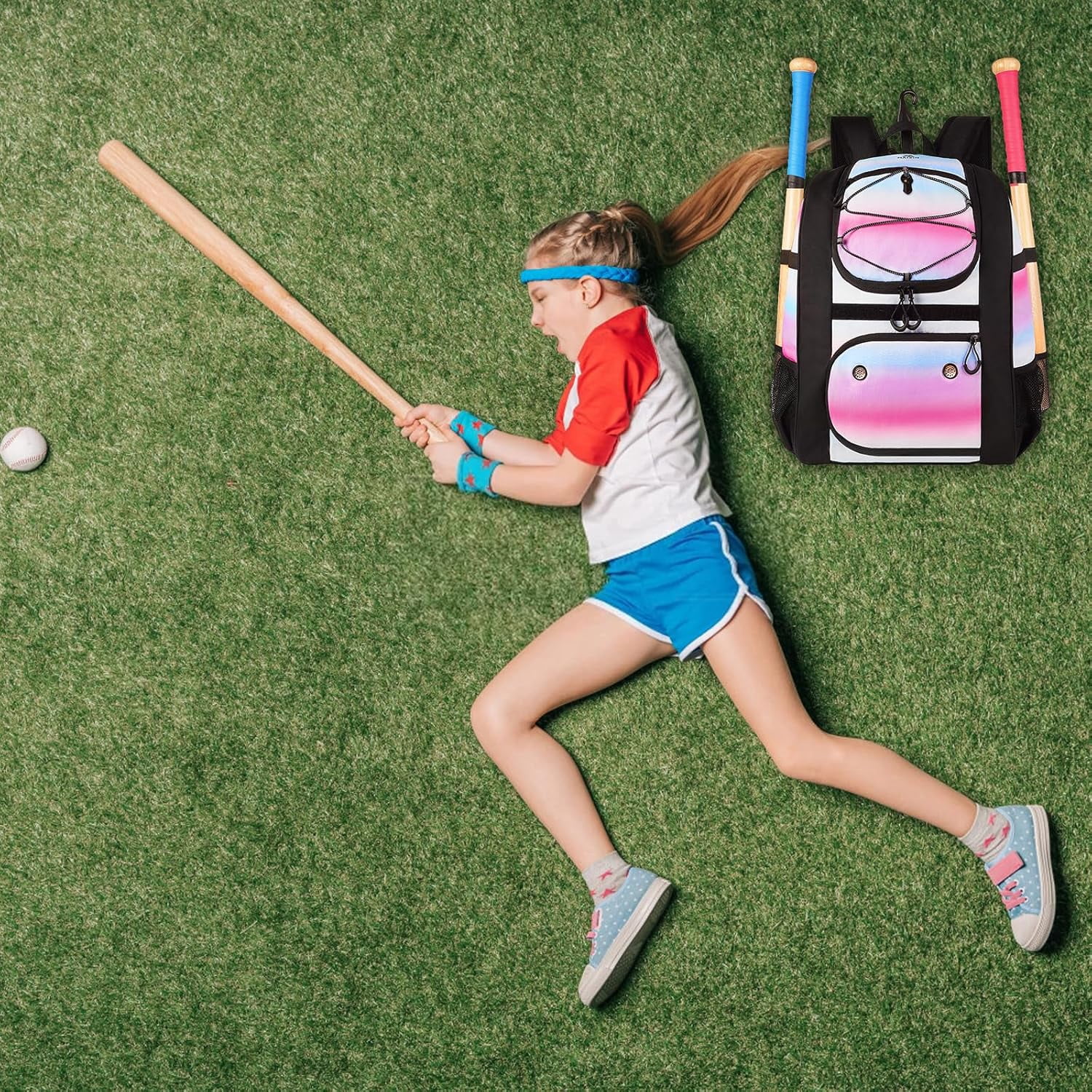 Matein Softball Bag, Lightweight Baseball Bat Backpack with Shoe Compartment and Fence Hook for Girls
