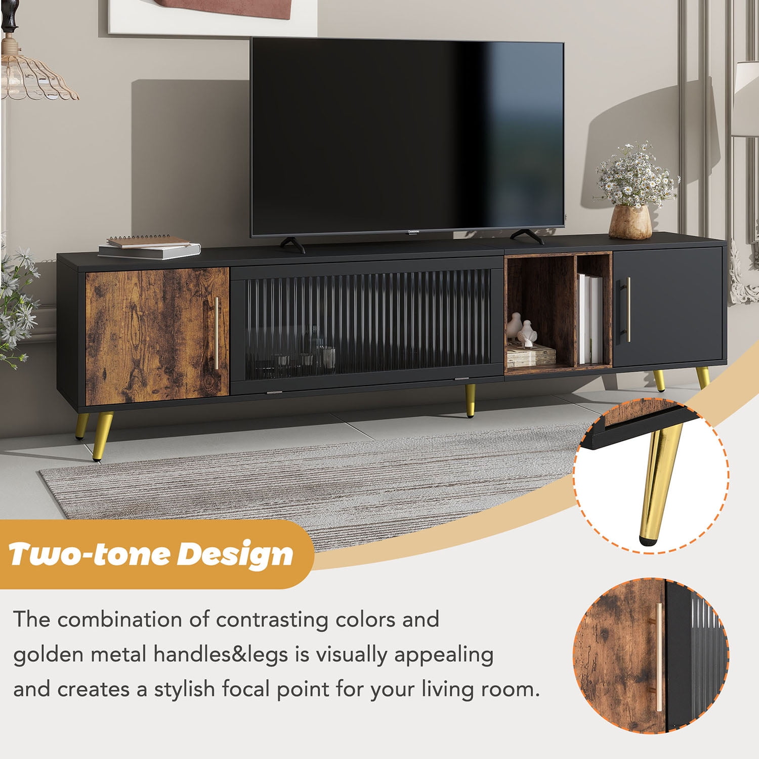 Kadyn Glass Door TV Stand Console, TV Entertainment Center with Golden Metal Handles&Legs for TVs Up to 80", Black Kadyn Glass Door TV Stand Console, TV Entertainment Center with Golden Metal Handles&Legs for TVs Up to 80", Black