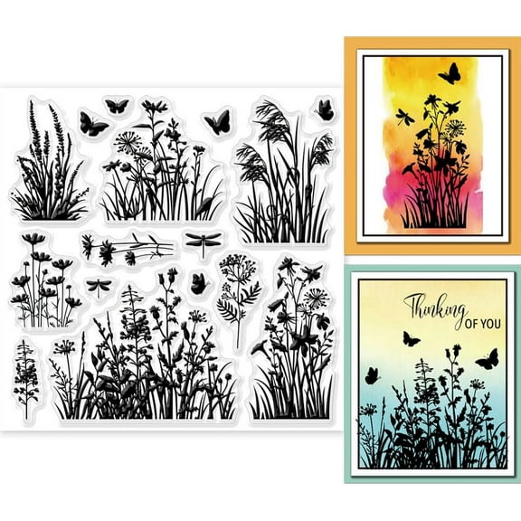 Flowers Grass Reeds Clear Stamps DIY for DIY Scrapbooking Wildflowers Silicone Stamp Seals 5.9x5.9inch Transparent Stamps DIY for Cards Making Journal Decoration