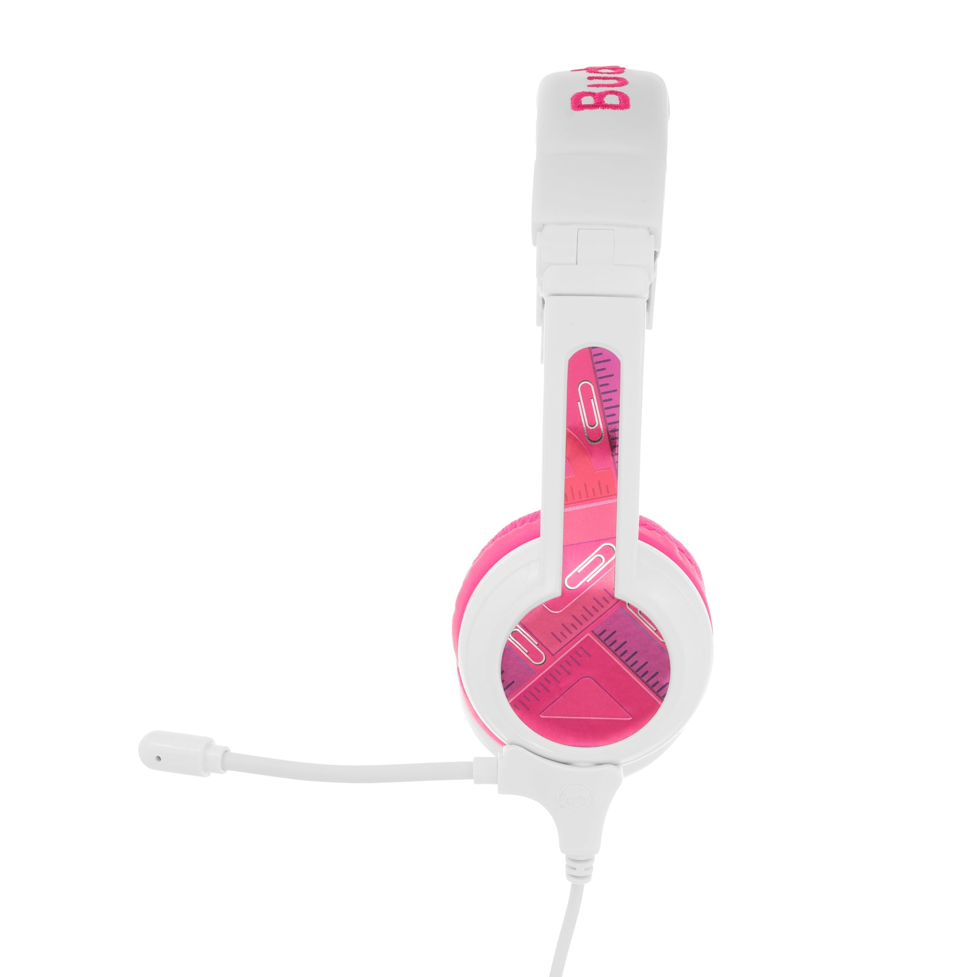BuddyPhones School+, On-Ear Wired 85dB Volume Limiting Educational Kids Headphones with Detachable Boom Mic, Foldable, Audio Sharing Jack, Customizable Stickers, Adjustable Headband Size, Pink