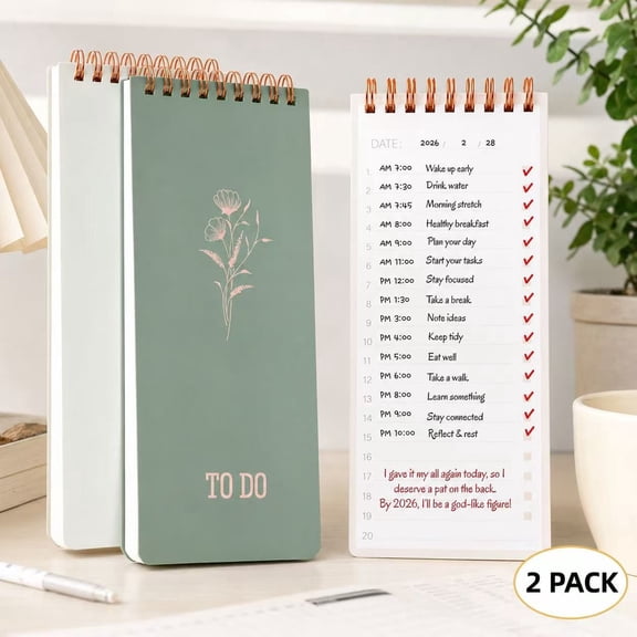 2-Pack Undated Daily and Weekly Planner Notepads, Spiral Bound Checklist Notebook Set for Work, Office, School and Home