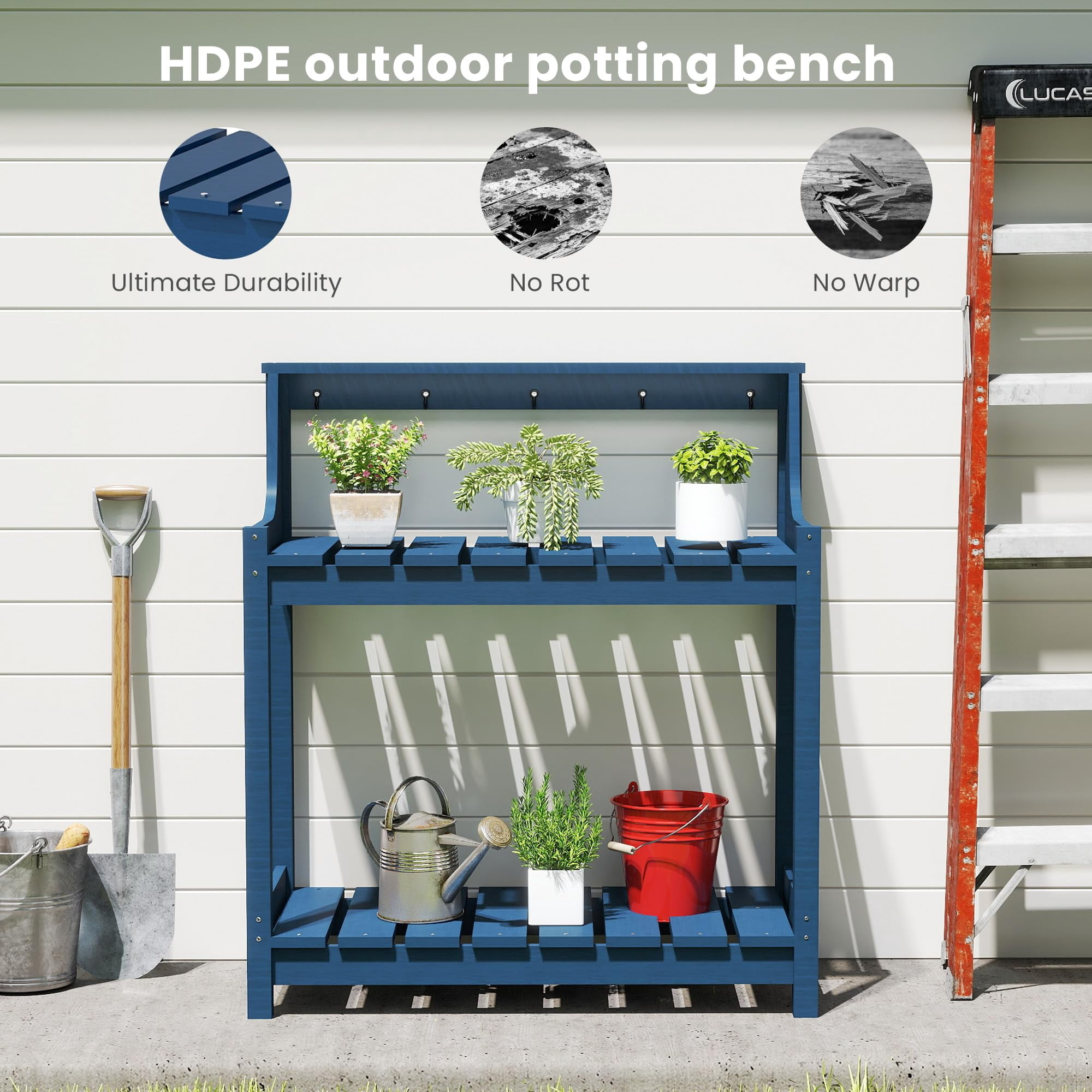 HDPE Outdoor Potting Bench, All-Weather Garden Potting Table with 3-Tier Storage, 43.3" Ergonomic Workstation for Patio, Backyard and Garden
