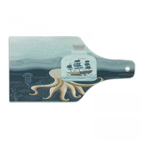 Octopus Ship Cutting Board, Pirate Ship in a Bottle in the Sea Jellyfish Ocean Waves Deep Water, Decorative Tempered Glass Cutting and Serving Board, in 3 Sizes, by Ambesonne