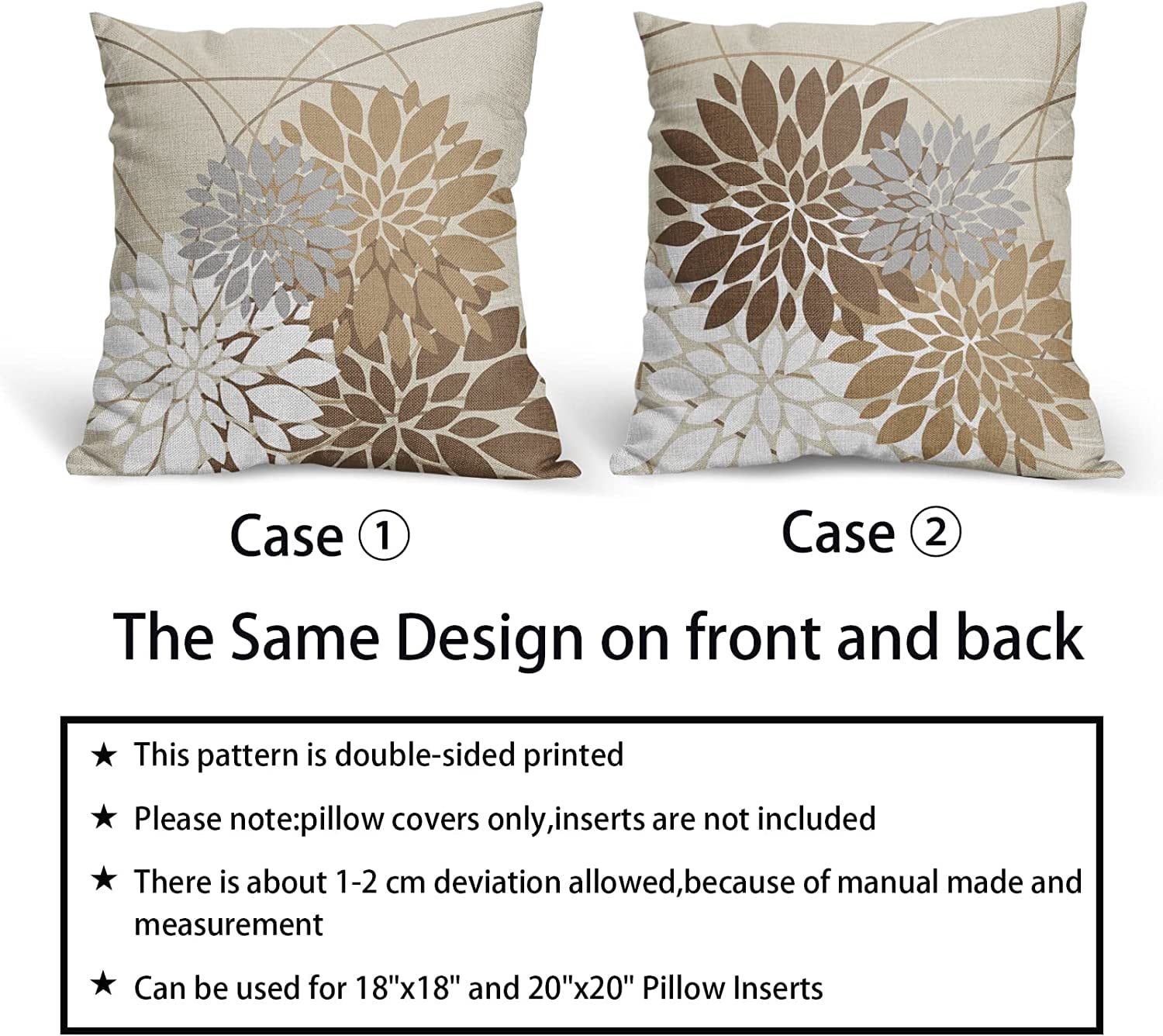 Brown Gray Grey Pillow Covers 16x16 Inch Dahlia Flower Decorative Throw Pillows Modern Geometry Floral Outdoor Farmhouse Pillowcase Linen Square Cushion Case Decor for Home Sofa Couch Bed, Set of 2