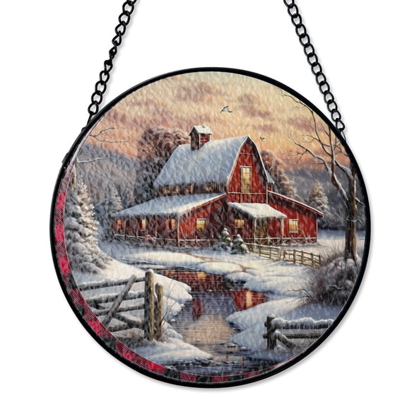 Barn Winter Snow Stream Stained Glass Style Suncatcher, UV Printed Glass, Rustic Farmhouse Landscape Decor, Round