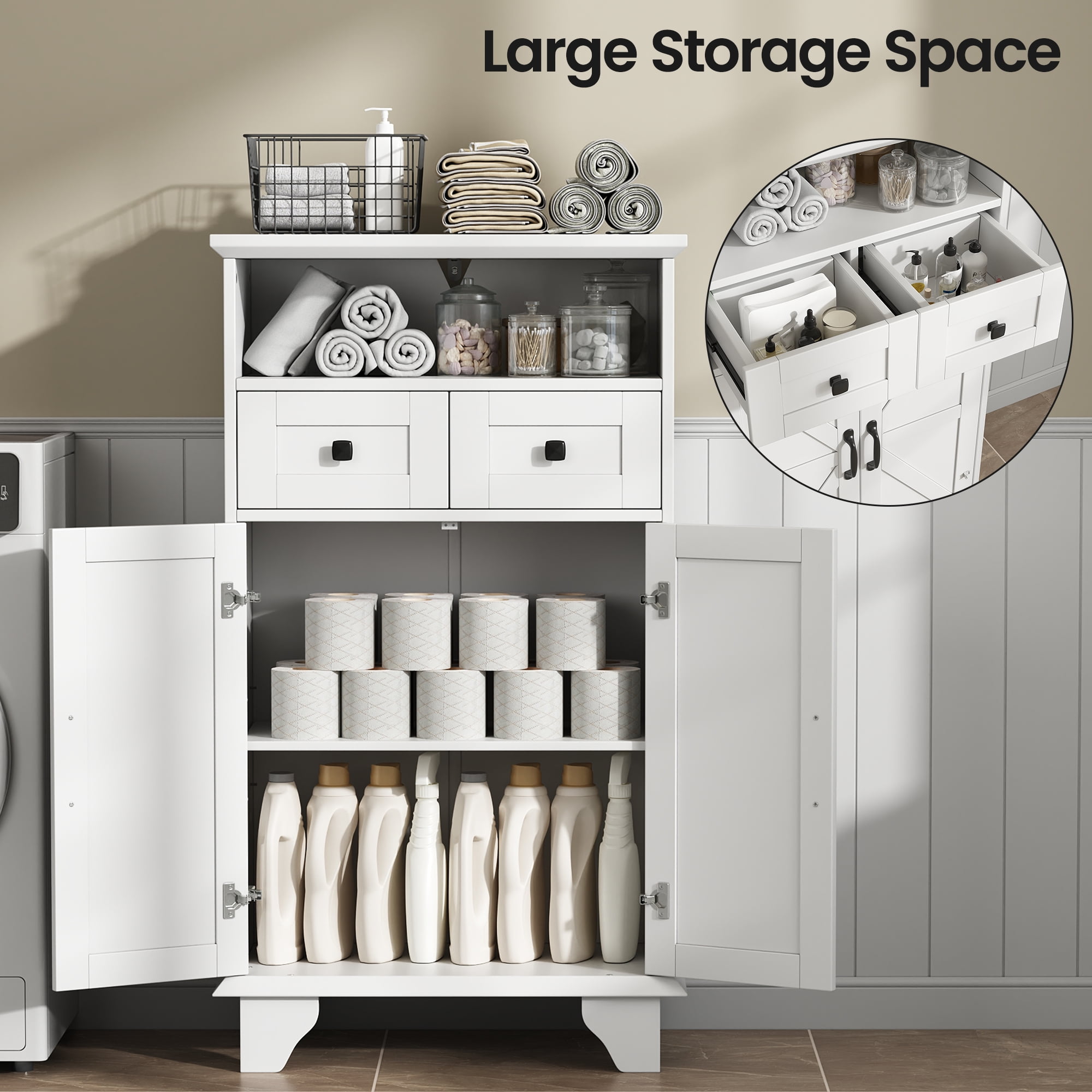 Farmhouse Bathroom Storage Cabinet, Freestanding Bathroom Floor Cabinet with Doors and Drawers, 41.3" H Bathroom Organizer with Adjustable Shelf, White