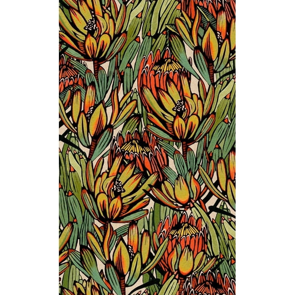 Green & Orange Exotic Protea Flower Floral Wallpaper, Double Roll, 57 sqft