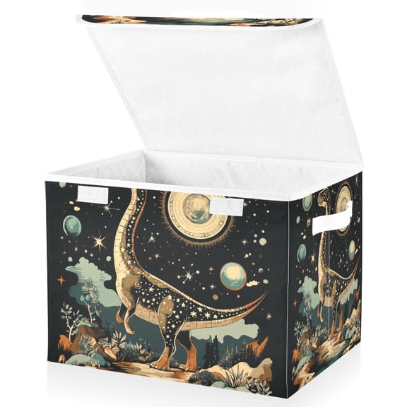 Yayeee Collapsible Cube Storage Bin with Lid Fabric Closet Decorative Basket with Handles, Black Dinosaur