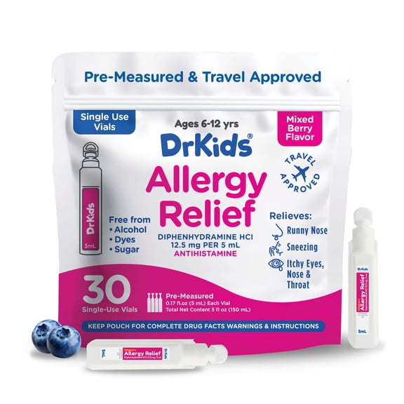 DrKids Children's Allergy Relief Medicine with Diphenhydramine - Pre-Measured Single-Use Vials - Antihistamine for Sneezing, Runny Nose & Itchy Eyes, Mixed Berry Flavor, 30 Vials