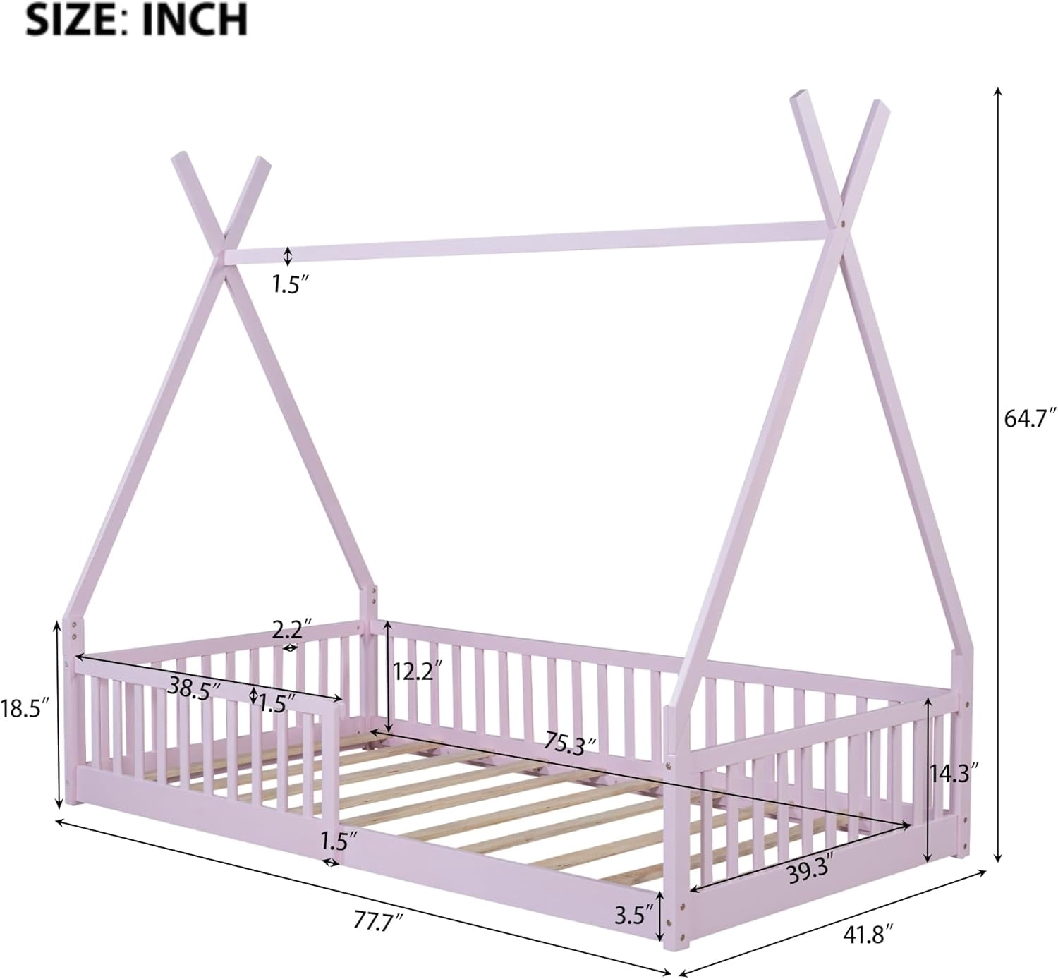 GLZ'HOME Twin House Bed with Fence, Modern Wood Montessori Floor Bed Frame Twin with Guardrails for Boys and Girls Bedroom, No Box Spring Needed (Pink)