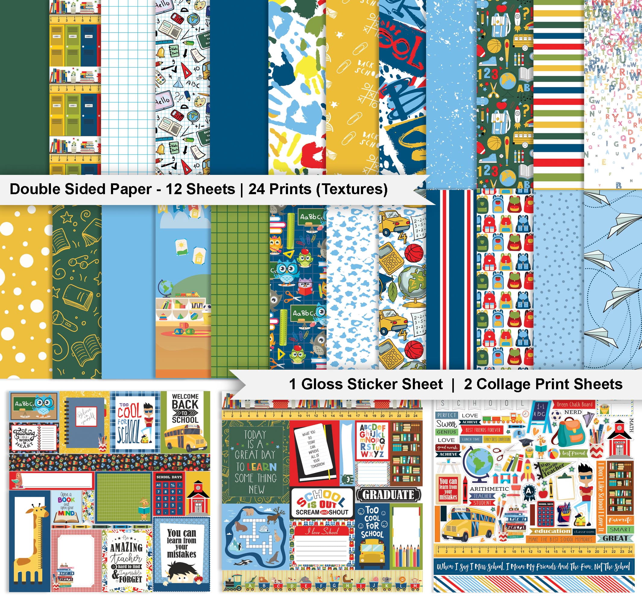 Inkdotpot Back To School Collection Double,Sided Scrapbook Paper Kit Cardstock 12"x12" Card Making Paper Pack Of With Sticker Sheet - 16 Pages - Multicolor