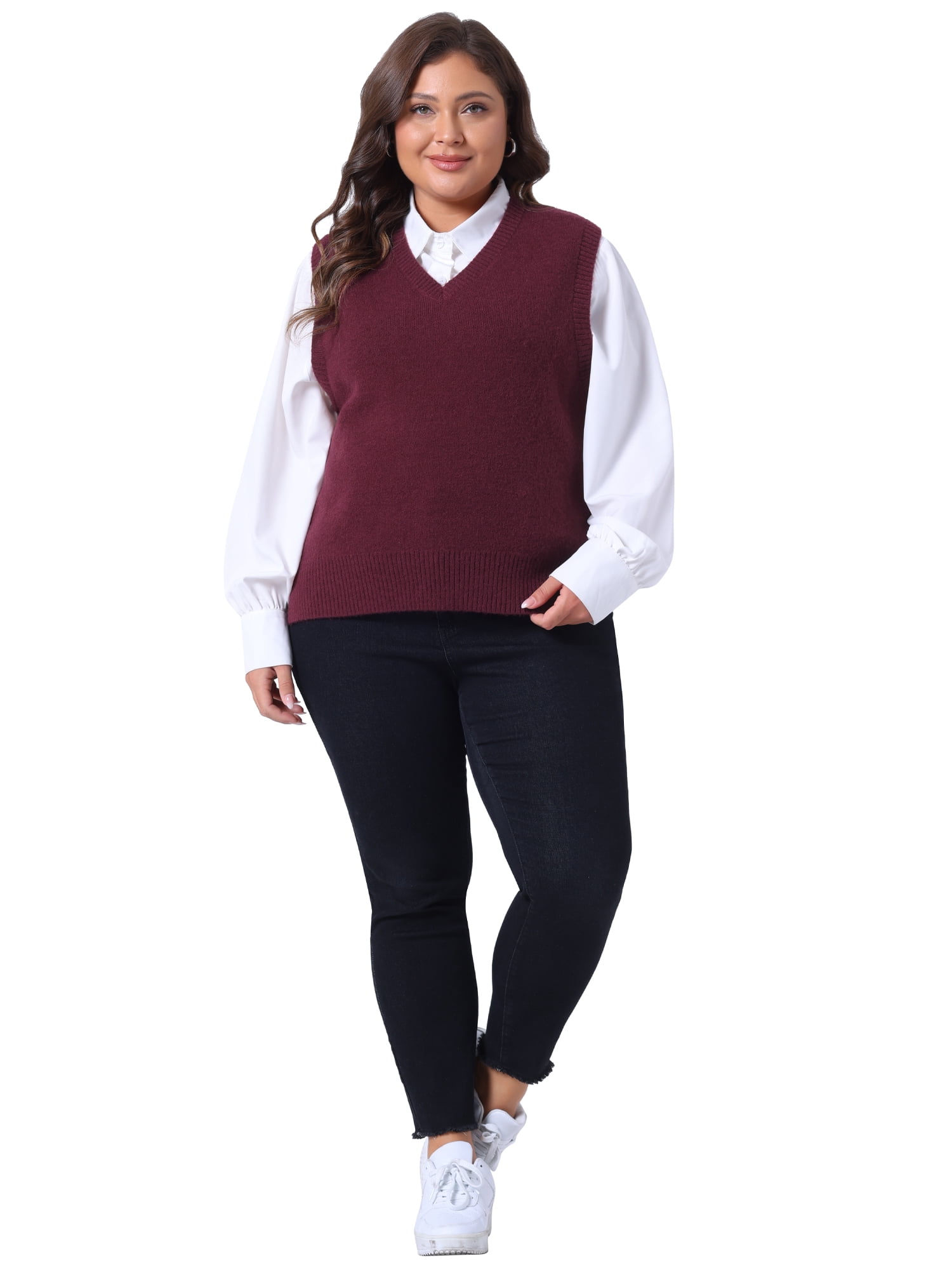 DARING DIVA Women's Plus Size V Neck Knit Sweater Vest 3X Burgundy