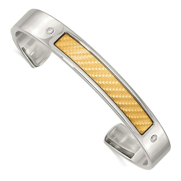 Stainless Steel Bracelet Cuff Men's Diamond 20 mm 7 in Chisel with 18k Gold Accent Polished and Textured 1/20 carat Bangle