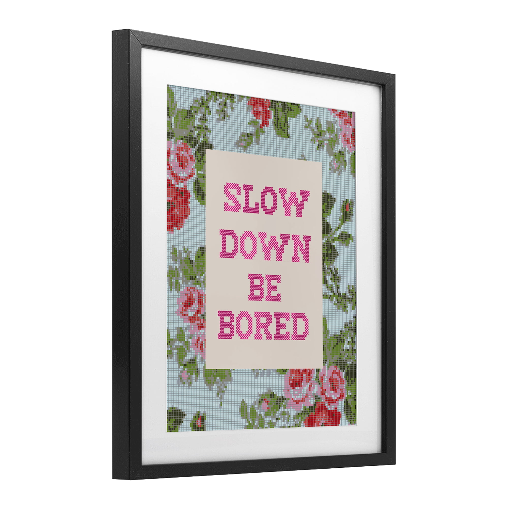 Stupell Industries Slow Down Be Bored Faux Cross Stitch Black Framed Print Under Glass, design by Lil' Rue