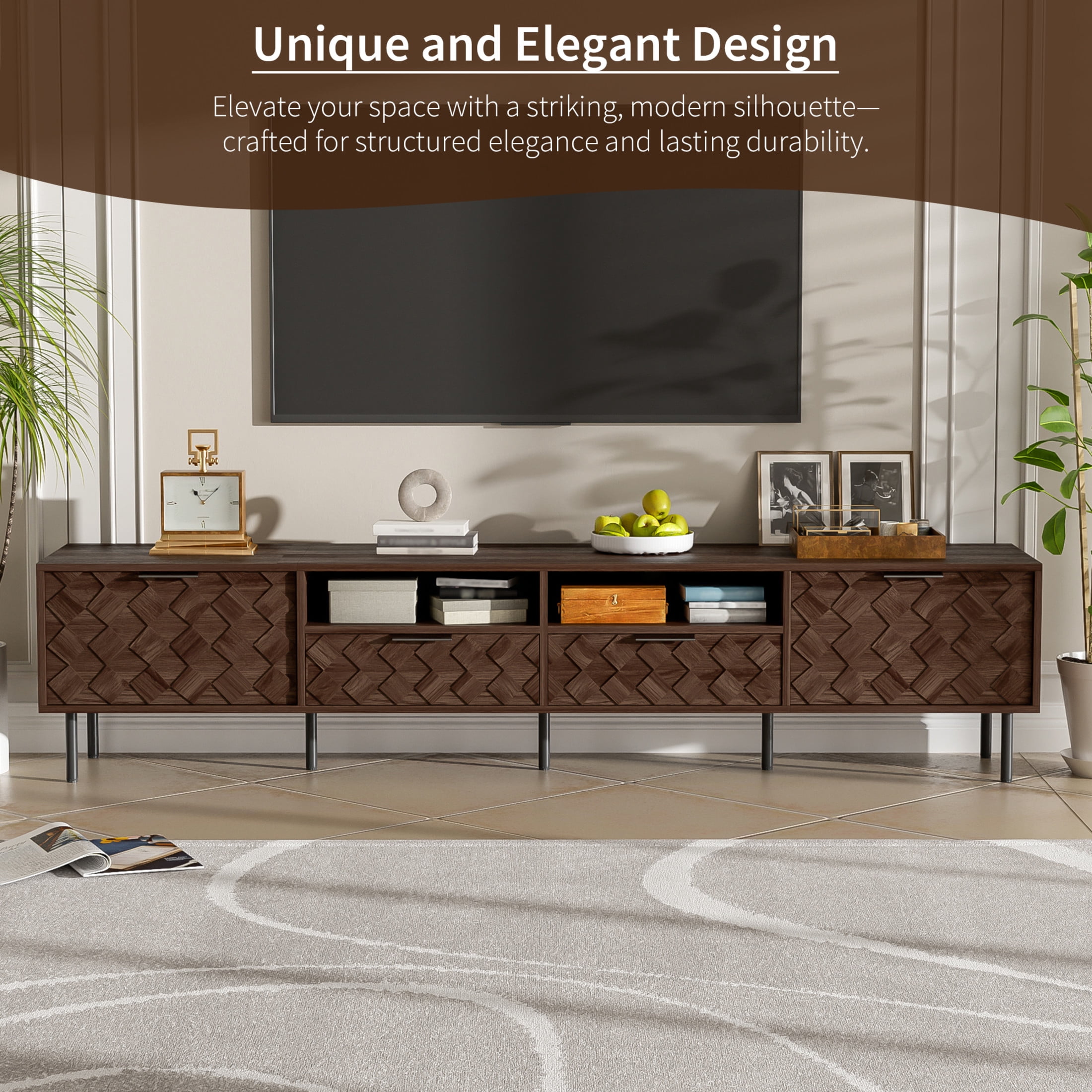 Noble House Modern TV Stand for TVs up to 85" with Storage Cabinets, Drawers and Open Shelves, Dark Brown