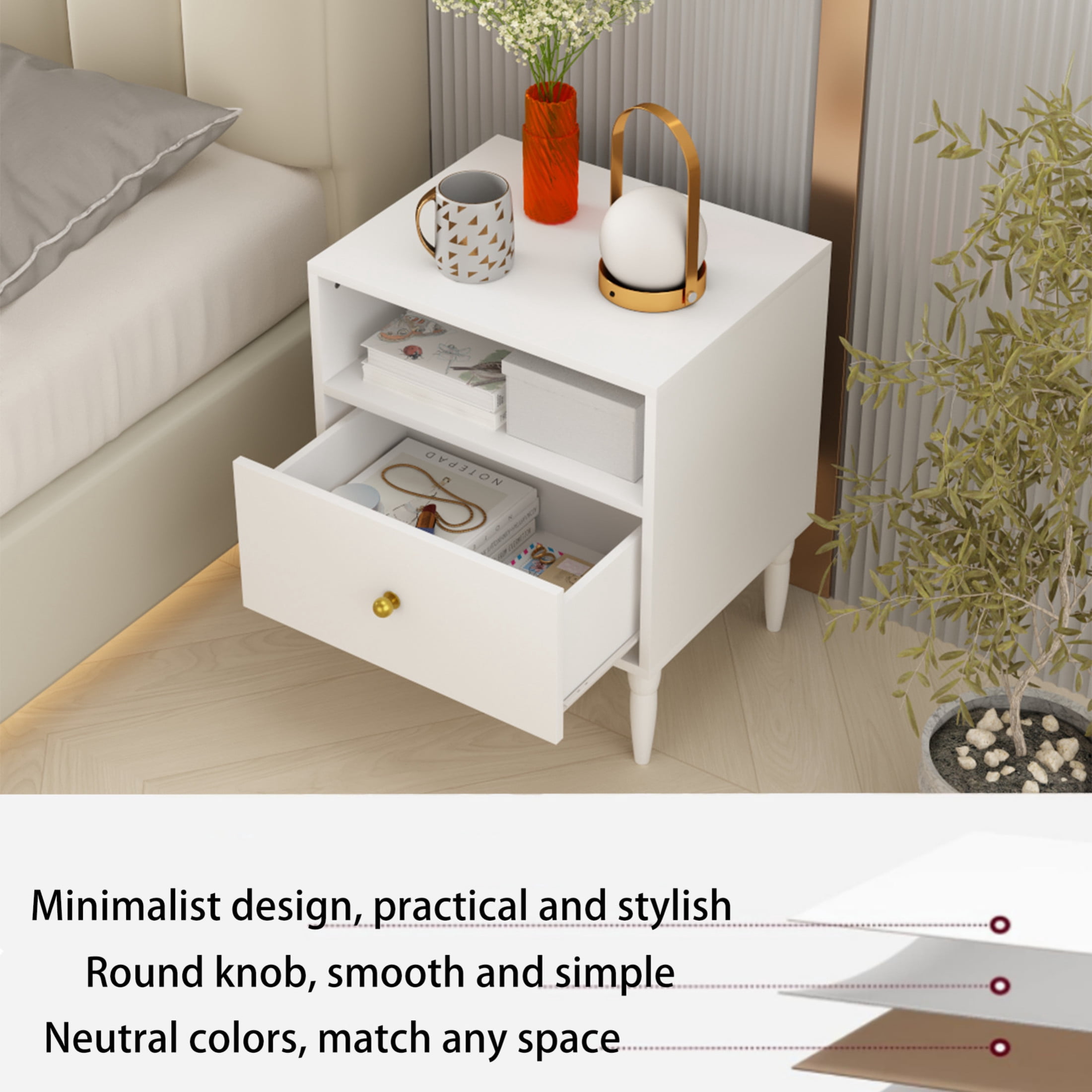 Noble House 20" Nightstand with Drawer and Open Shelf, Modern Bedside Table, Small End Table for Bedroom, White