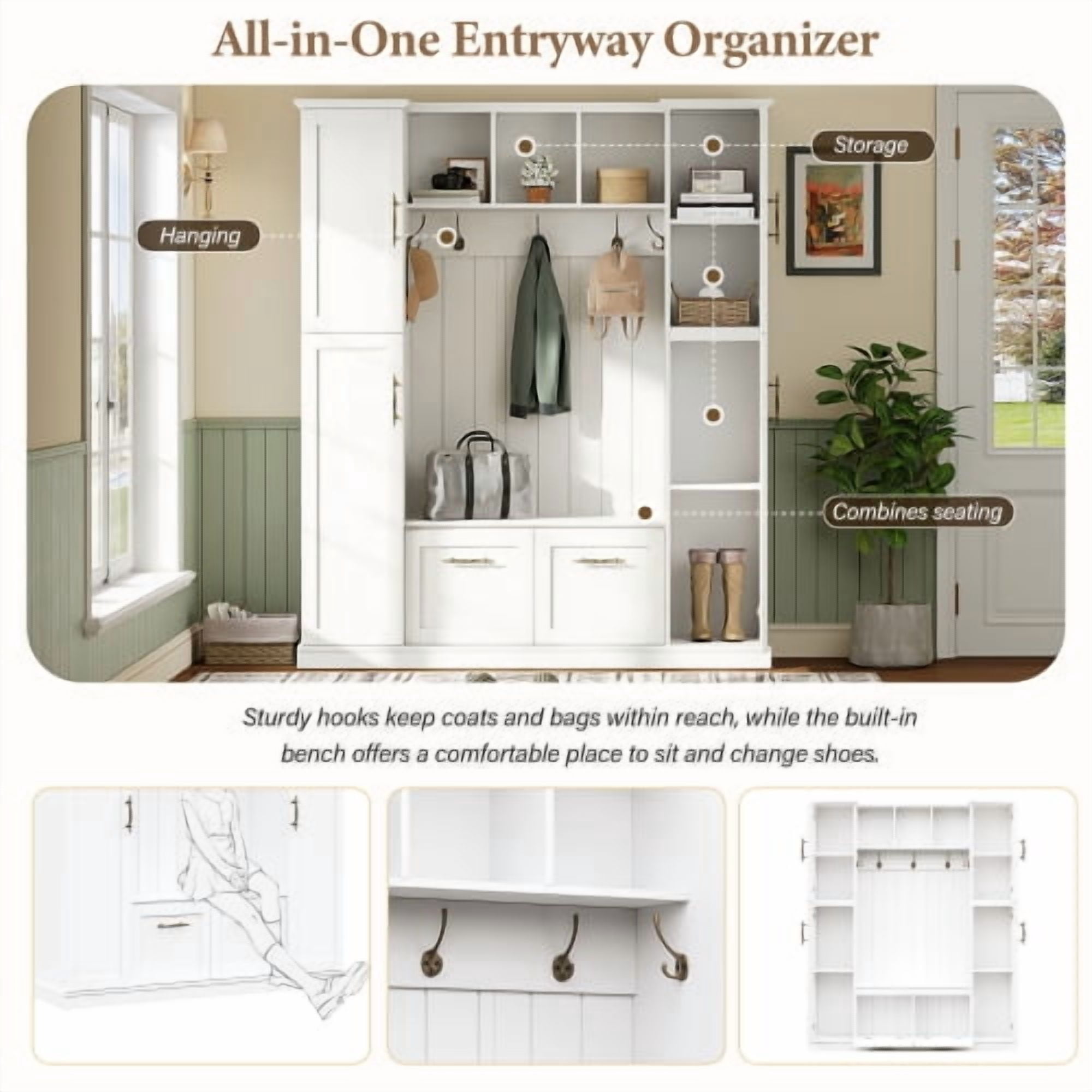 Farmhouse Hall Tree with Bench, Beadboard Back Panel, 4 Side Cabinets, Adjustable Shelves, Open Cubbies, Coat Rack & 5 Hooks, Entryway Mudroom Furniture, White