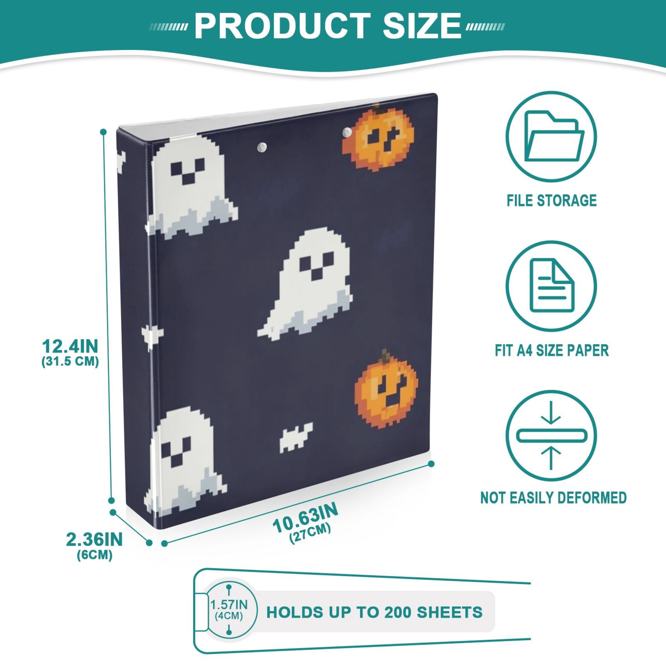 Pixel Ghosts and Pumpkins 3 Ring Binders 1.5 inch Hardcover File Folders with Interior Pockets A4 Size Organizer for School Office Hospital