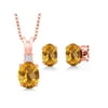 Gem Stone King 2.80 Ct Oval Checkerboard Yellow Citrine 18K Rose Gold Plated Silver Pendant Earrings Set