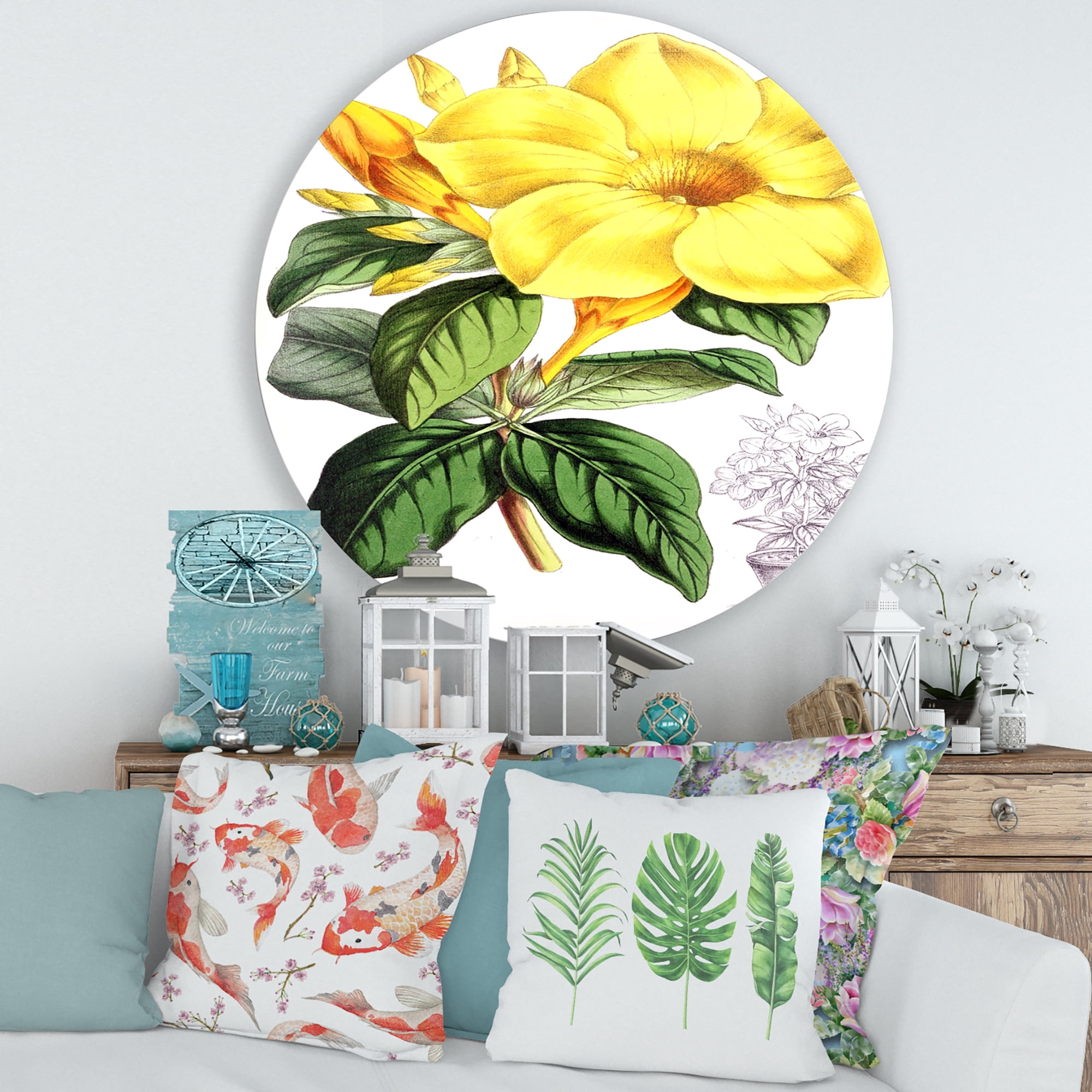 Designart 'Green Leaves With Tropical Yellow Flowers II' Traditional Circle Metal Wall Art 29x29 - Disc of 29