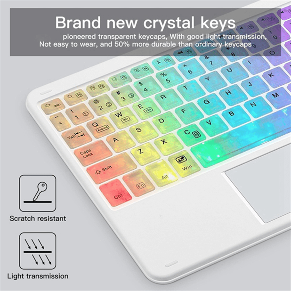 Transparent Colorful Luminous Bluetooth Keyboard 10-Inch Backlit Bluetooth Keyboard Suitable for Tablet Laptops White