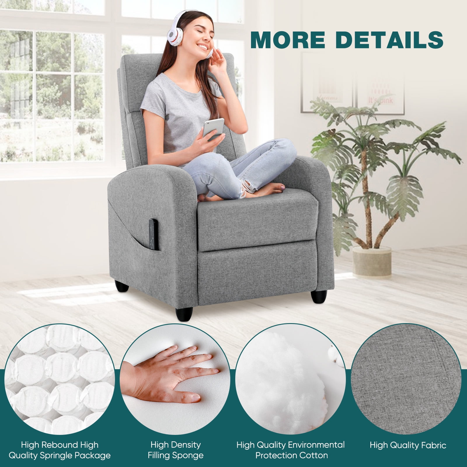 CONCETTA Massage Recliner Chair with Vibration, Small Sofa for Living Room & Home Theater, 160° Recline, 275lb Capacity, Gray