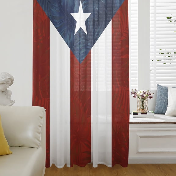 Puerto Rico Flag Semi Sheer Curtains Drapes for Living Room,Bedroom,French Doors Window 108 Inches Long,Palm Leaf Botanical Red Striped Blue Star Rod Pocket Chiffon Curtain Drapery Voile Drape Panel